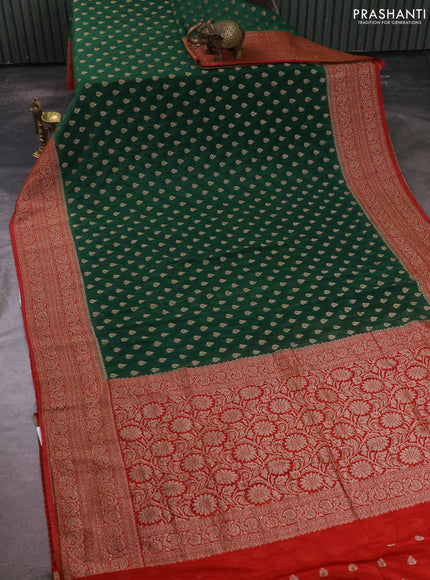 Banarasi semi crepe saree green and red with allover thread & zari woven buttas and woven border