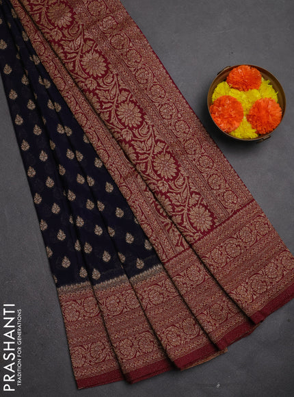 Banarasi semi crepe saree navy blue and deep wine with allover thread & zari woven buttas and woven border