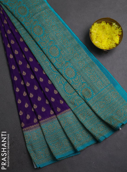 Banarasi semi crepe saree violet and teal green with allover thread & zari woven buttas and woven border