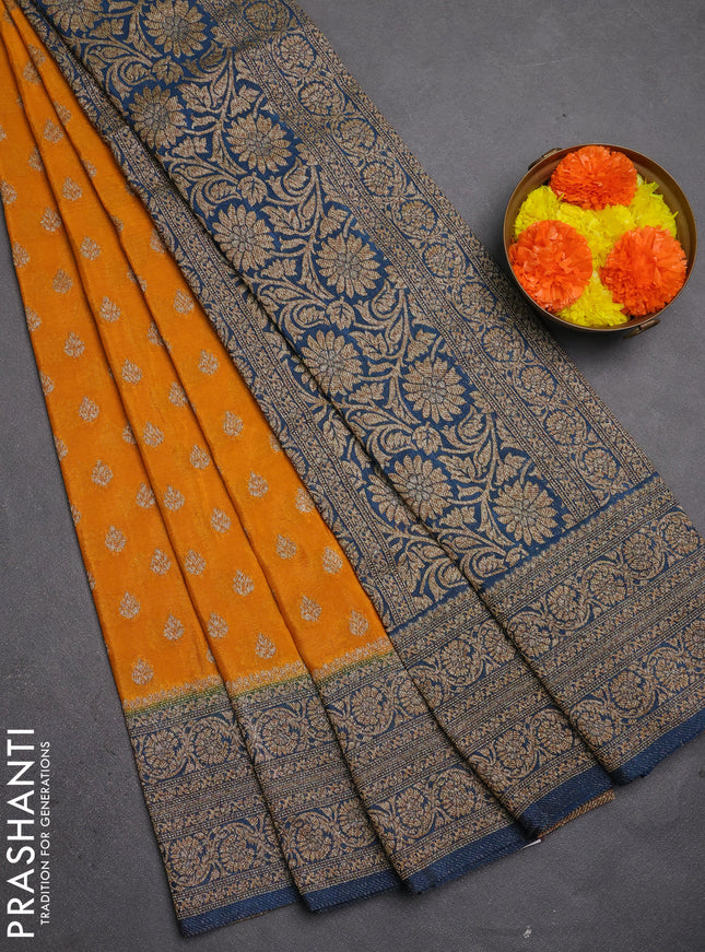Banarasi semi crepe saree mustard yellow and peacock blue with allover thread & zari woven buttas and woven border