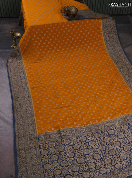 Banarasi semi crepe saree mustard yellow and peacock blue with allover thread & zari woven buttas and woven border