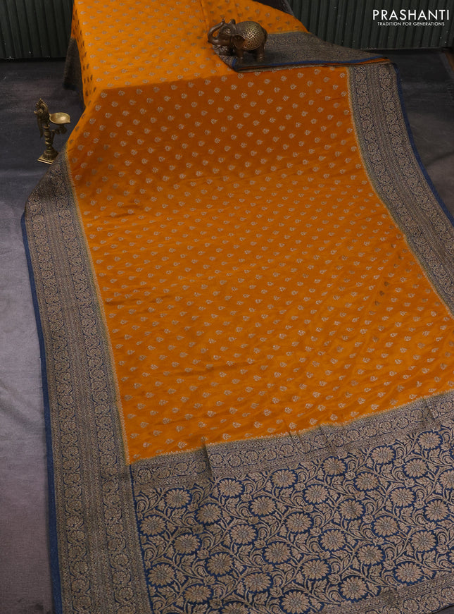 Banarasi semi crepe saree mustard yellow and peacock blue with allover thread & zari woven buttas and woven border