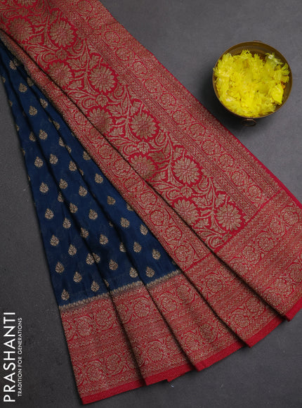 Banarasi semi crepe saree peacock blue and red with allover thread & zari woven buttas and woven border