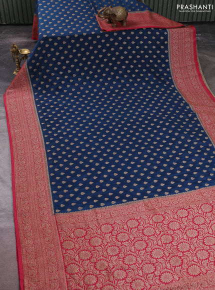 Banarasi semi crepe saree peacock blue and red with allover thread & zari woven buttas and woven border