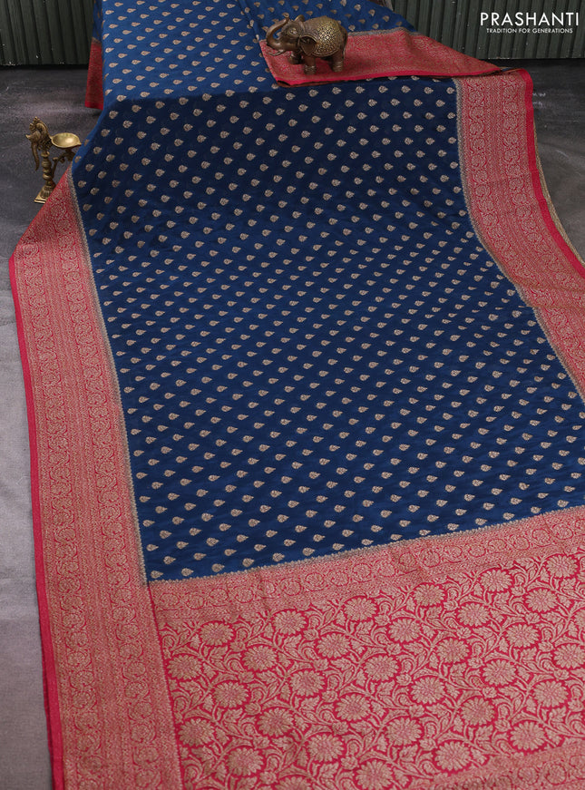 Banarasi semi crepe saree peacock blue and red with allover thread & zari woven buttas and woven border