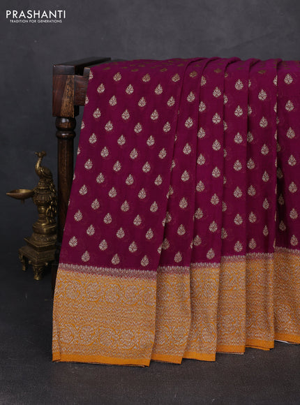 Banarasi semi crepe saree purple and mustard yellow with allover thread & zari woven buttas and woven border