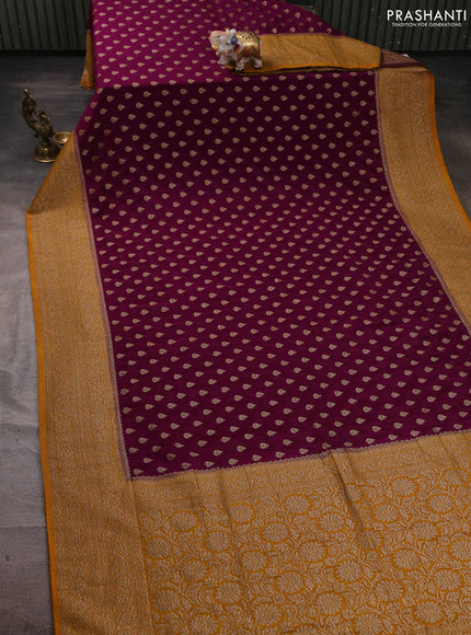 Banarasi semi crepe saree purple and mustard yellow with allover thread & zari woven buttas and woven border