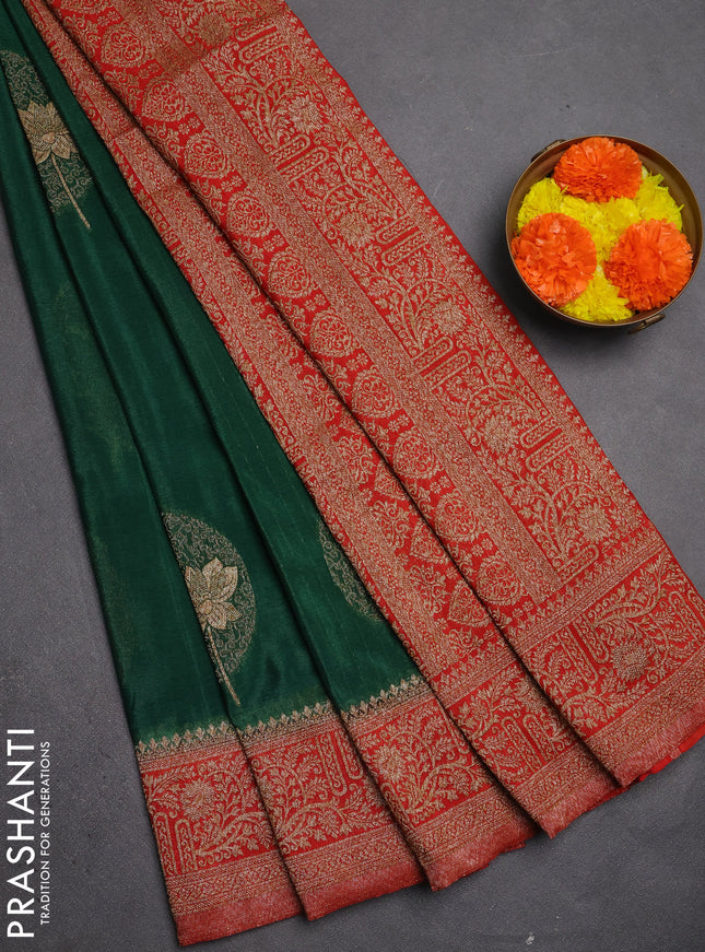 Banarasi semi crepe saree bottle green and rustic orange with thread & zari woven buttas and woven border