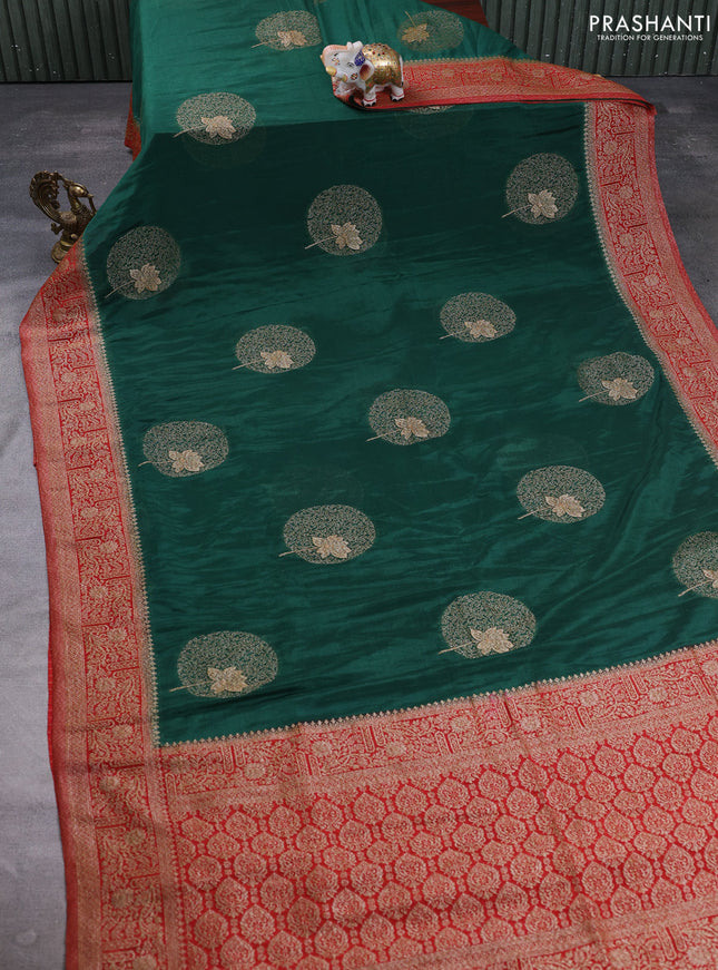 Banarasi semi crepe saree bottle green and rustic orange with thread & zari woven buttas and woven border