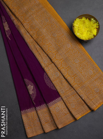 Banarasi semi crepe saree purple and mustard yellow with thread & zari woven buttas and woven border