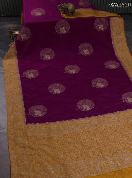 Banarasi semi crepe saree purple and mustard yellow with thread & zari woven buttas and woven border