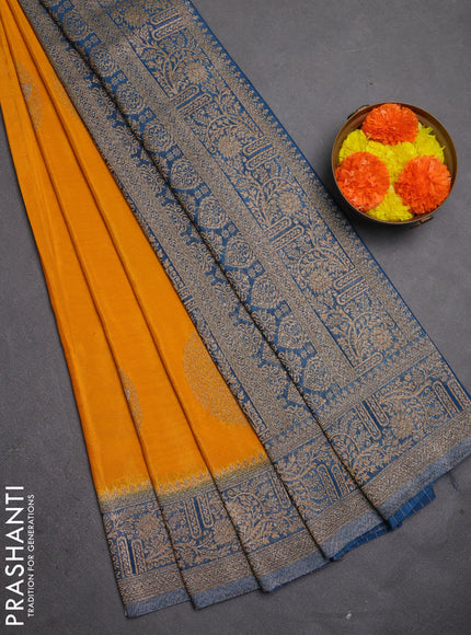Banarasi semi crepe saree mango yellow and peacock blue with thread & zari woven buttas and woven border