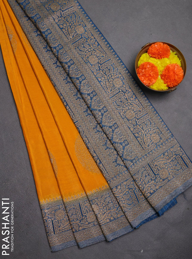Banarasi semi crepe saree mango yellow and peacock blue with thread & zari woven buttas and woven border