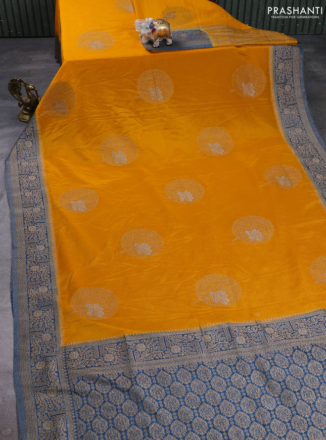 Banarasi semi crepe saree mango yellow and peacock blue with thread & zari woven buttas and woven border