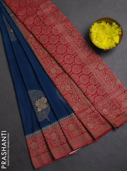 Banarasi semi crepe saree peacock blue and maroon with thread & zari woven buttas and woven border