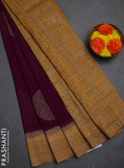 Banarasi semi crepe saree purple and mustard yellow with thread & zari woven buttas and woven border