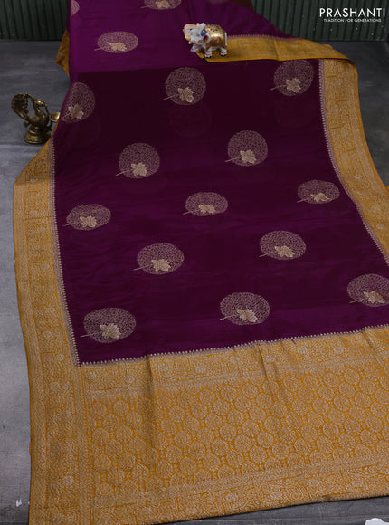 Banarasi semi crepe saree purple and mustard yellow with thread & zari woven buttas and woven border