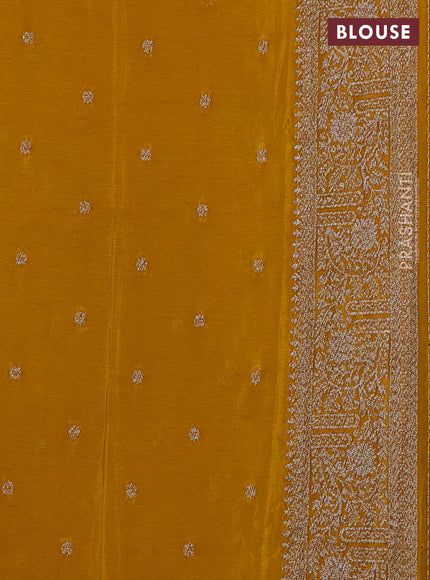 Banarasi semi crepe saree purple and mustard yellow with thread & zari woven buttas and woven border