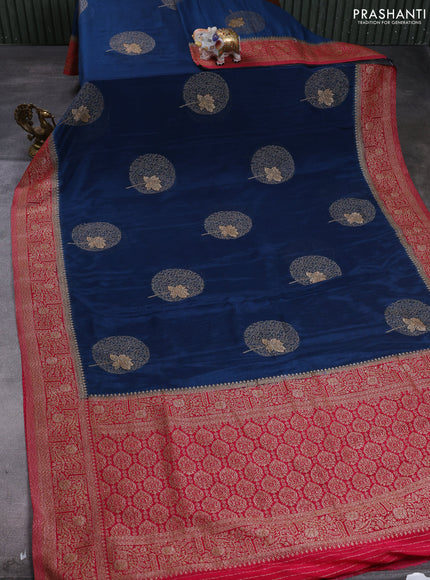 Banarasi semi crepe saree peacock blue and pink with thread & zari woven buttas and woven border