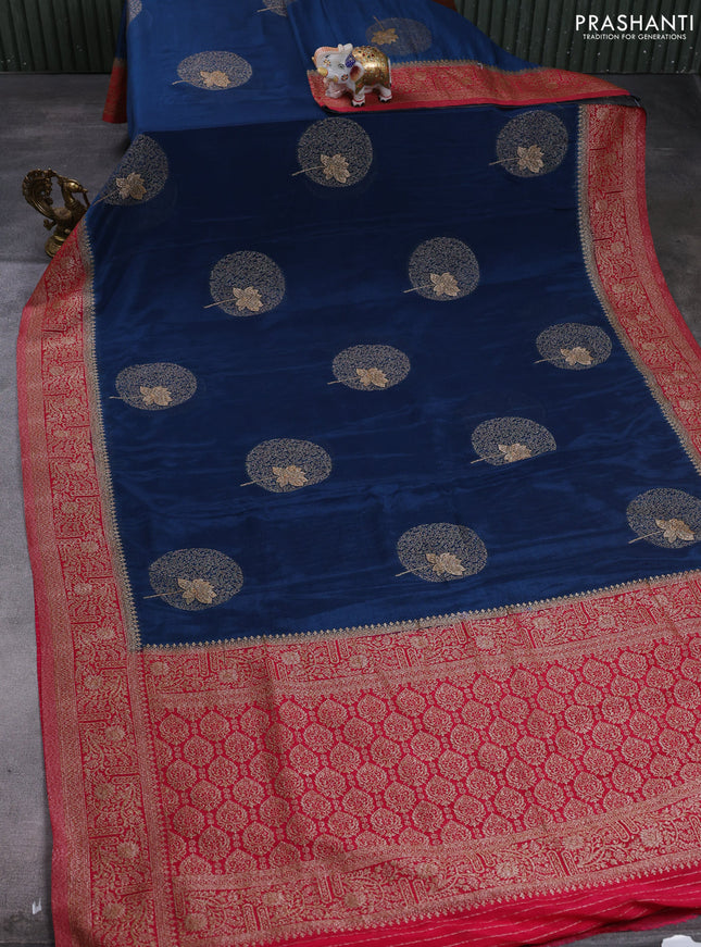 Banarasi semi crepe saree peacock blue and pink with thread & zari woven buttas and woven border