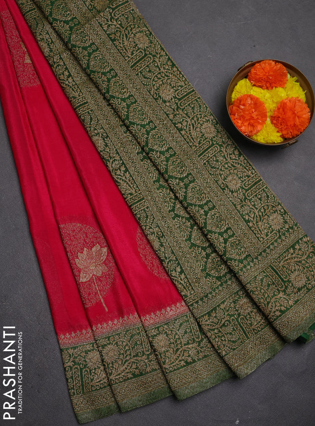 Banarasi semi crepe saree pink and green with thread & zari woven buttas and woven border