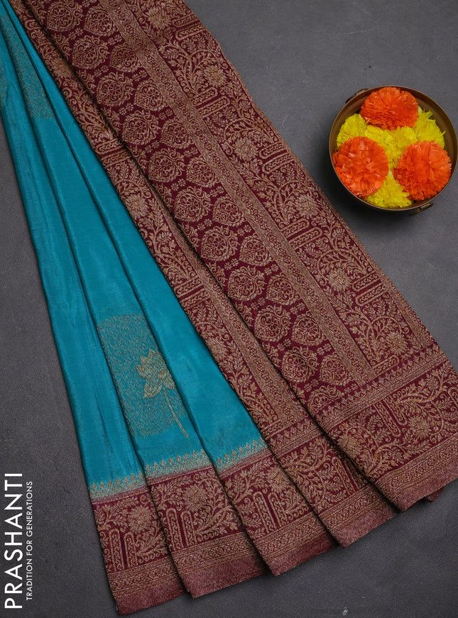 Banarasi semi crepe saree teal green and wine shade with thread & zari woven buttas and woven border