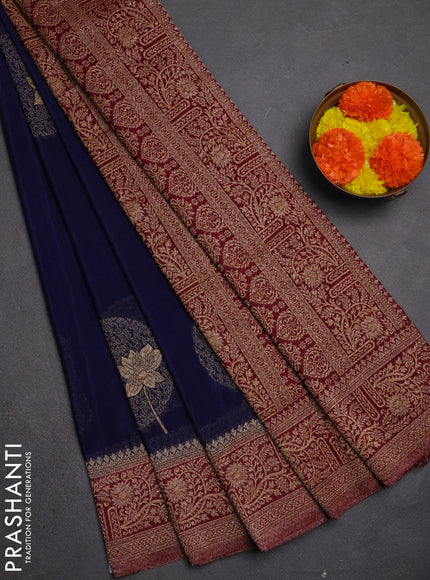 Banarasi semi crepe saree dark blue and wine shade with thread & zari woven buttas and woven border