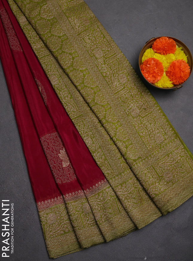 Banarasi semi crepe saree wine shade and mehendi green with thread & zari woven buttas and woven border