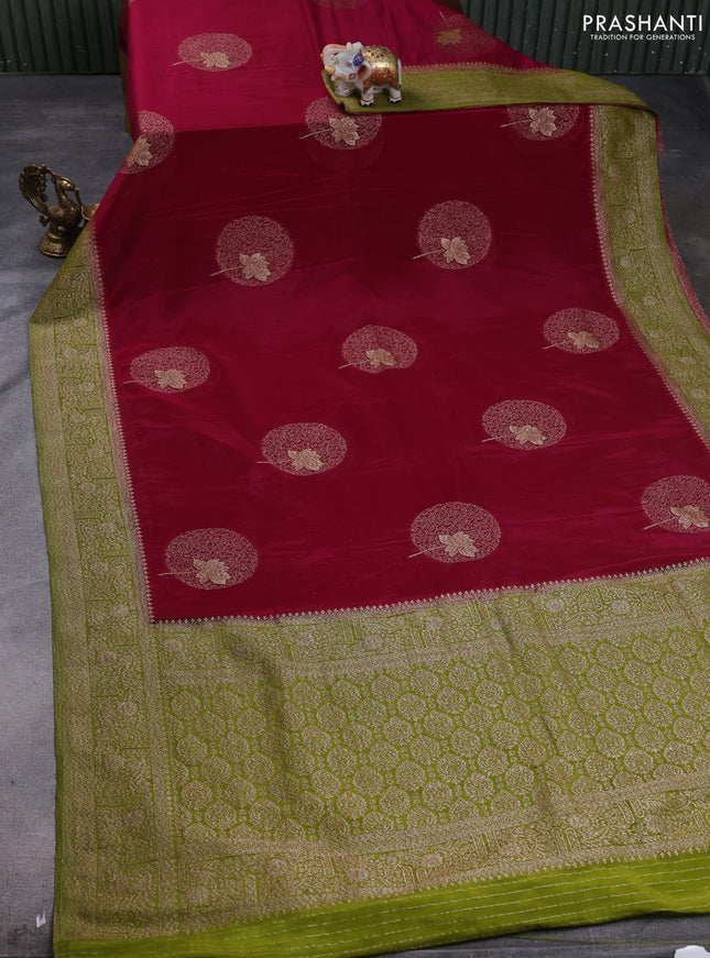 Banarasi semi crepe saree wine shade and mehendi green with thread & zari woven buttas and woven border