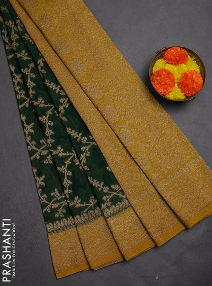 Banarasi semi crepe saree bottle green and mustard yellow with allover thread & zari weaves and woven border