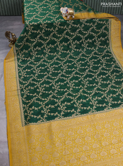 Banarasi semi crepe saree bottle green and mustard yellow with allover thread & zari weaves and woven border