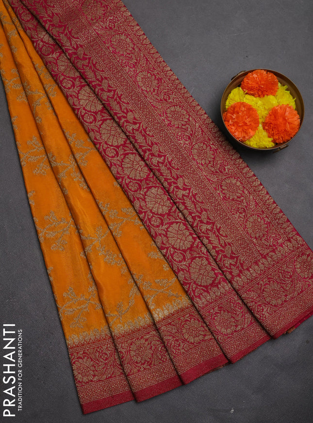 Banarasi semi crepe saree mango yellow and pink with allover thread & zari weaves and woven border