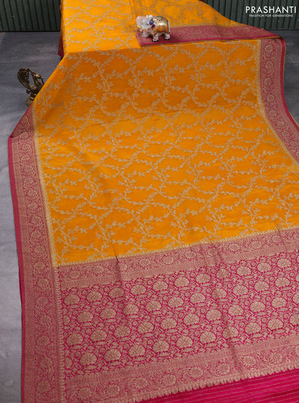 Banarasi semi crepe saree mango yellow and pink with allover thread & zari weaves and woven border