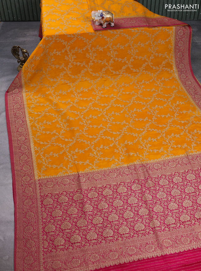 Banarasi semi crepe saree mango yellow and pink with allover thread & zari weaves and woven border