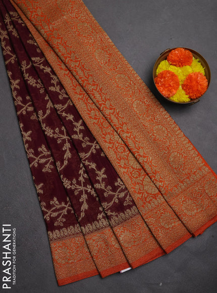 Banarasi semi crepe saree deep wine and rust shade with allover thread & zari weaves and woven border