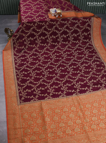 Banarasi semi crepe saree deep wine and rust shade with allover thread & zari weaves and woven border