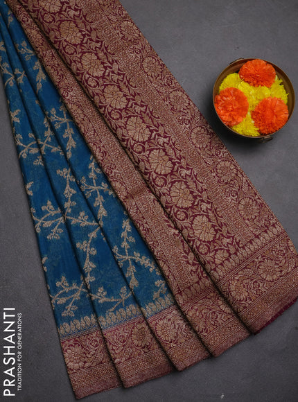 Banarasi semi crepe saree peacock blue and wine shade with allover thread & zari weaves and woven border