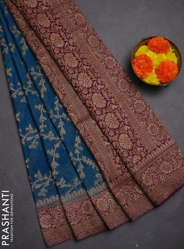 Banarasi semi crepe saree peacock blue and wine shade with allover thread & zari weaves and woven border