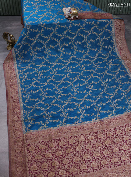 Banarasi semi crepe saree peacock blue and wine shade with allover thread & zari weaves and woven border