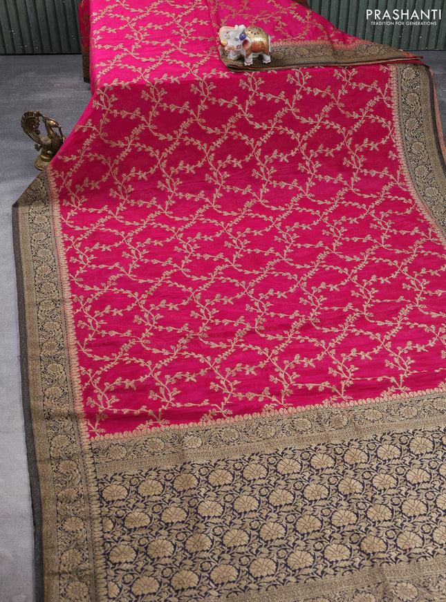 Banarasi semi crepe saree pink and navy blue with allover thread & zari weaves and woven border