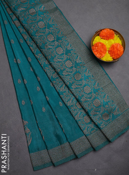Banarasi semi crepe saree peacock green with allover thread & zari woven buttas and woven border