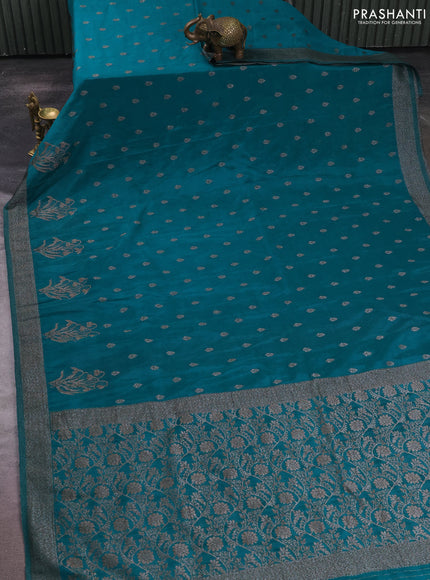 Banarasi semi crepe saree peacock green with allover thread & zari woven buttas and woven border