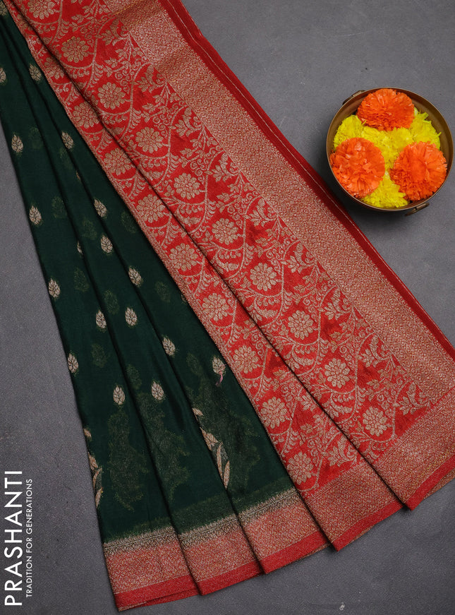 Banarasi semi crepe saree bottle green and red with allover thread & zari woven buttas and woven border