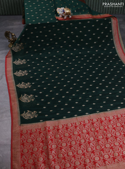 Banarasi semi crepe saree bottle green and red with allover thread & zari woven buttas and woven border