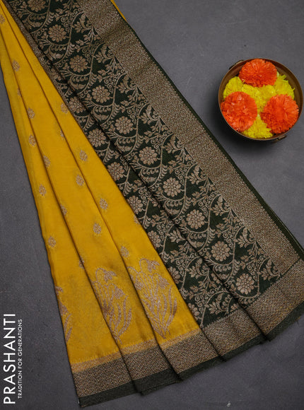 Banarasi semi crepe saree yellow and bottle green with allover thread & zari woven buttas and woven border