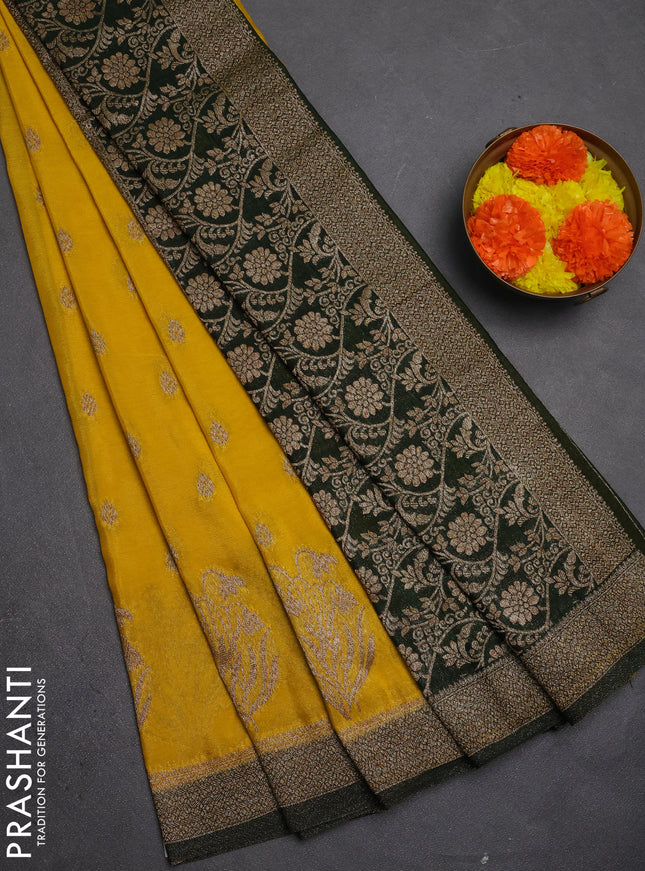 Banarasi semi crepe saree yellow and bottle green with allover thread & zari woven buttas and woven border