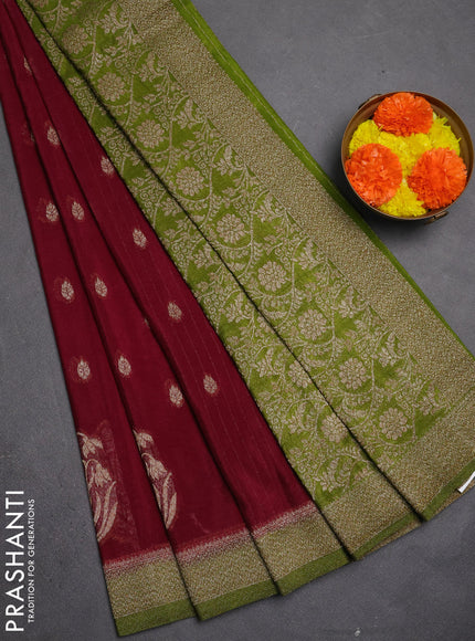 Banarasi semi crepe saree wine shade and mehendi green with allover thread & zari woven buttas and woven border