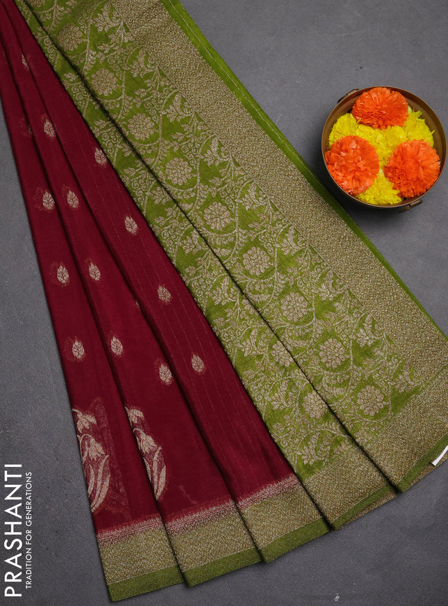 Banarasi semi crepe saree wine shade and mehendi green with allover thread & zari woven buttas and woven border