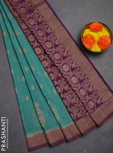 Banarasi semi crepe saree teal green shade and purple with allover thread & zari woven buttas and woven border