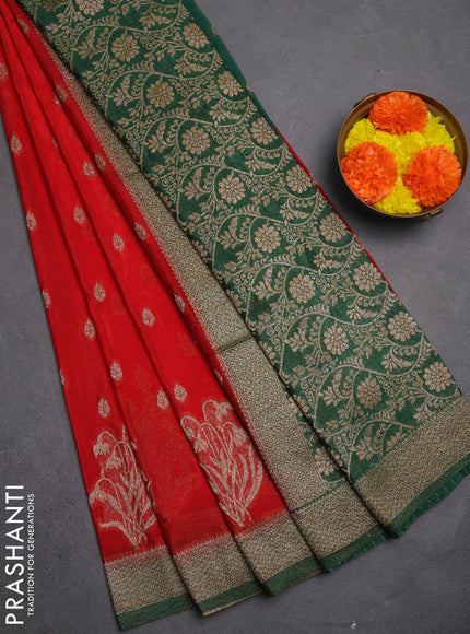 Banarasi semi crepe saree red and green with allover thread & zari woven buttas and woven border